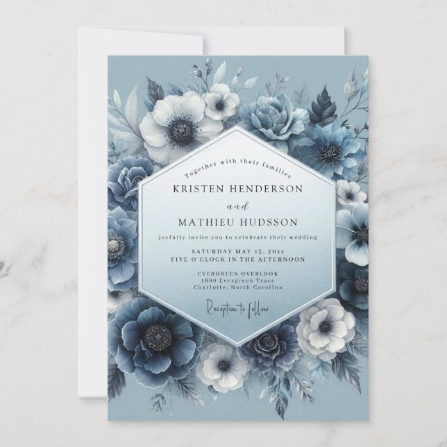 Slate Blue Floral Serenity Wedding Invitation (Front)