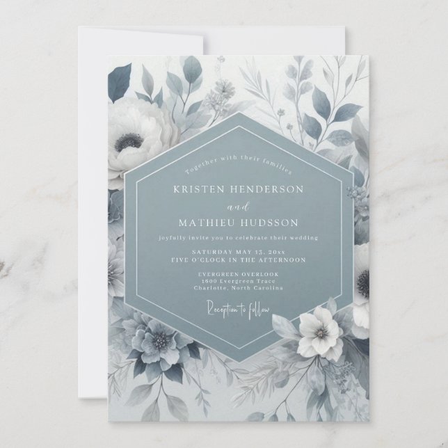 Slate Blue Floral Wedding Invitation (Front)