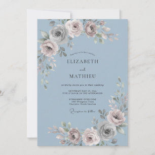 Slate Blue Floral Wedding Invitation