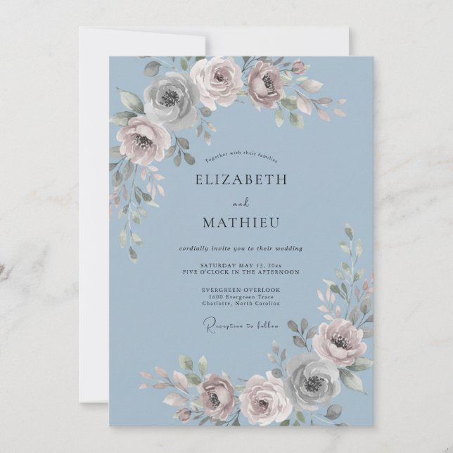 Slate Blue Floral Wedding Invitation (Front)