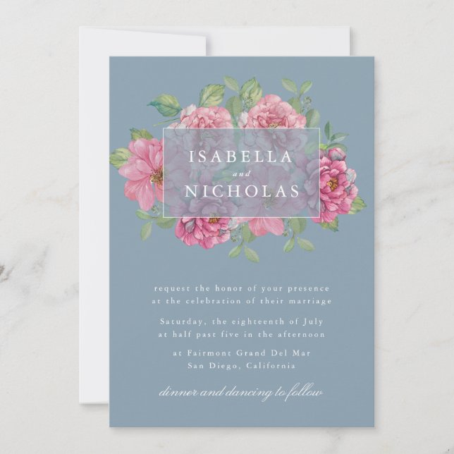 Slate Blue Floral Wedding Invitation (Front)