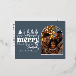 Slate Blue & Fog White Christmas Photo Foil Holiday Postcard