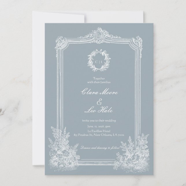 Slate Blue French Country Wedding Invitation (Front)