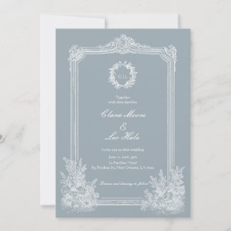 Slate Blue French Country Wedding Photo Invitation