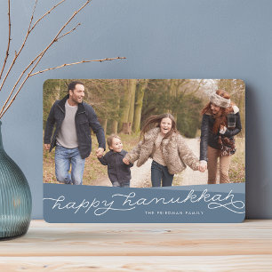 Slate Blue Geo Script   Hanukkah Photo Holiday Card