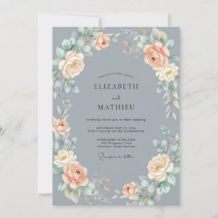 Slate Blue Graceful Rose Wedding Invitation
