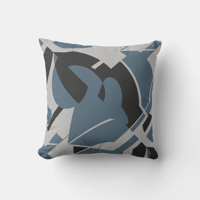 Slate Blue Grey Black Bold Swirling Abstract Motif Cushion (Front)