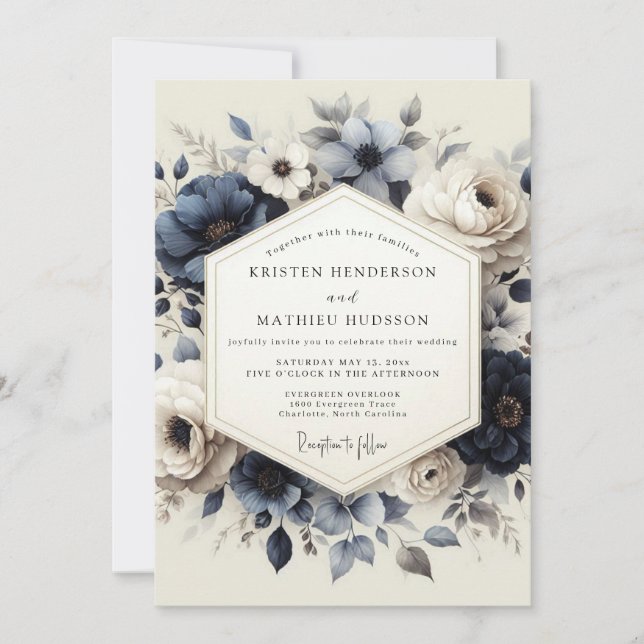 Slate Blue Heirloom Flora Wedding Invitation (Front)