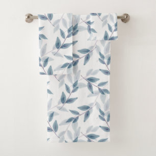 Slate Blue Layered Watercolor Leaves Pattern  Bath Towel Set