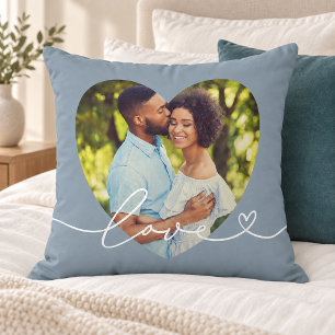 Slate Blue Love Script Heart Photo Cushion