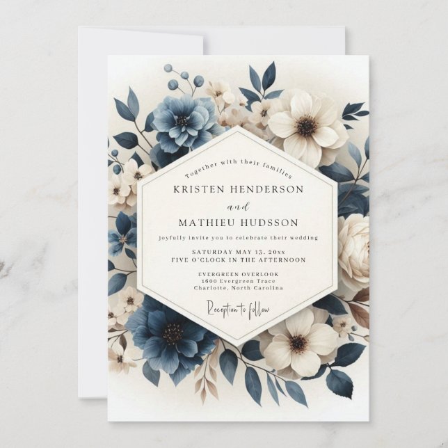 Slate Blue Luminous Anemone Wedding Invitation (Front)