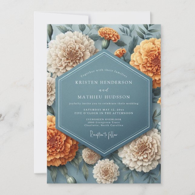 Slate Blue Marigold Bloom Wedding Invitation (Front)
