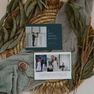 Slate Blue Married New Year Elegant Wedding Holiday Card