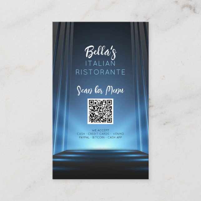 Slate Blue Menu Restaurant QR Code Business Sign Card (Front)
