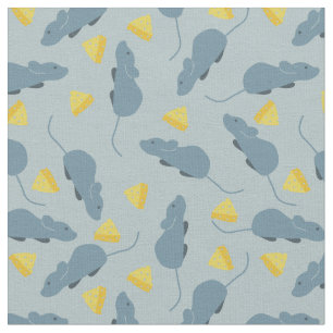 Slate Blue Mice and Yellow Cheese Light Blue Fabric