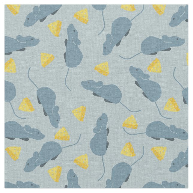 Slate Blue Mice and Yellow Cheese Light Blue Fabric (Close Up)