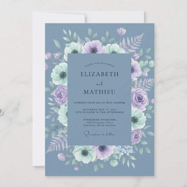Slate Blue Misty Botanical Wedding Invitation (Front)