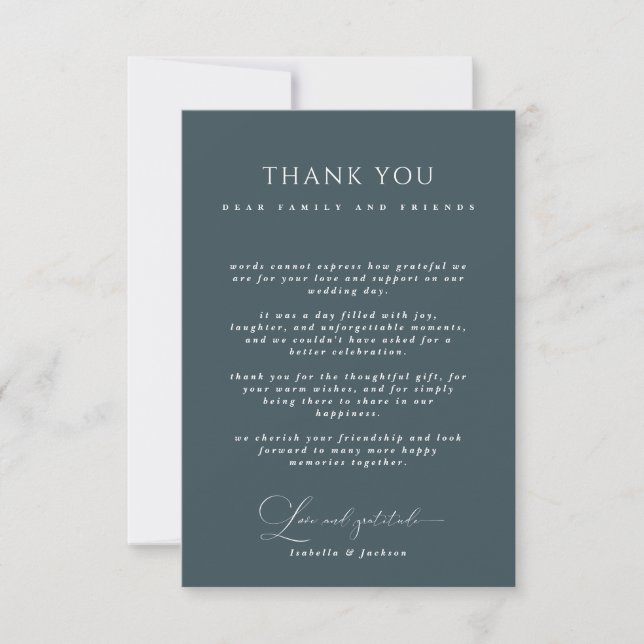 Slate Blue Modern Calligraphy Script Wedding Thank You Card (Front)