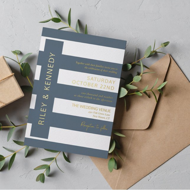 Slate Blue Modern Stripes Typography Wedding Gold (Creator Uploaded)