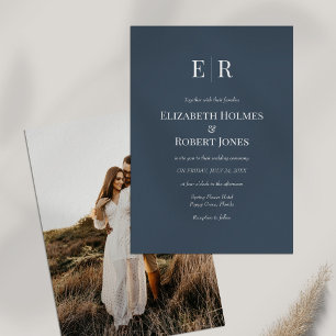 Slate Blue Monogram Custom Photo Wedding  Invitation