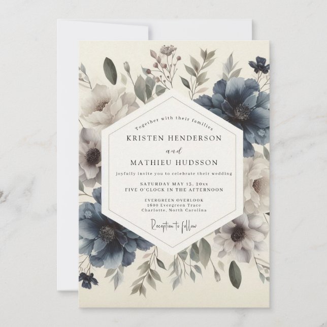 Slate Blue Moody Bloom Wedding Invitation (Front)
