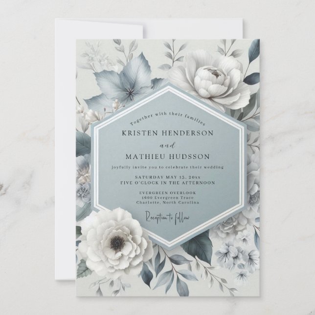 Slate Blue Moody Botanical Wedding Invitation (Front)