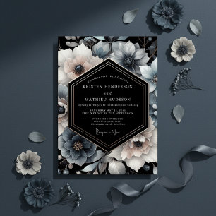 Slate Blue Moody Floral Wedding Invitation