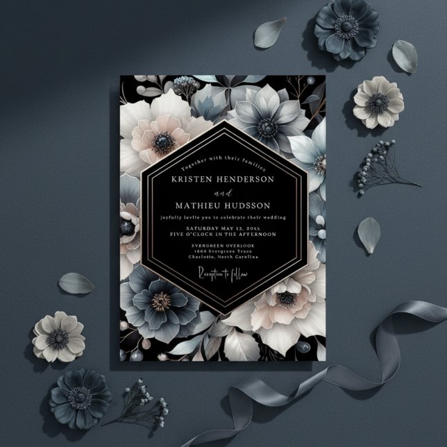 Slate Blue Moody Floral Wedding Invitation (Creator Uploaded)