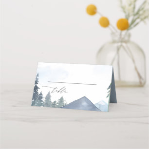 Slate Blue Mountains Forest Wedding Monogrammed Place Card
