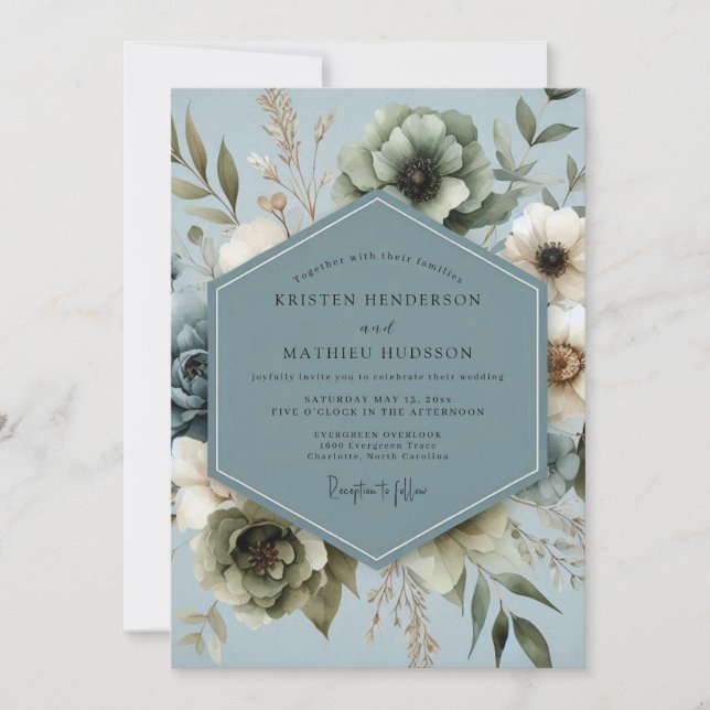 Slate Blue Muted Floral Wedding Invitation (Front)