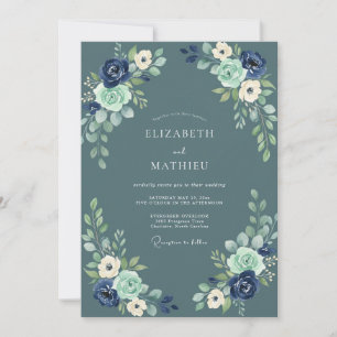 Slate Blue Navy Floral Watercolor Wedding Invitation