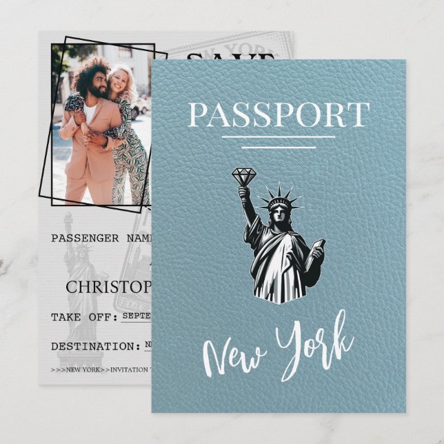 Slate Blue New York City Passport Save The Date (Front/Back)