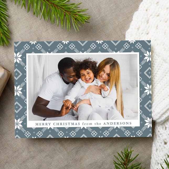 Slate Blue Nordic Snowflake Pattern Photo Holiday Card (Creator Uploaded)