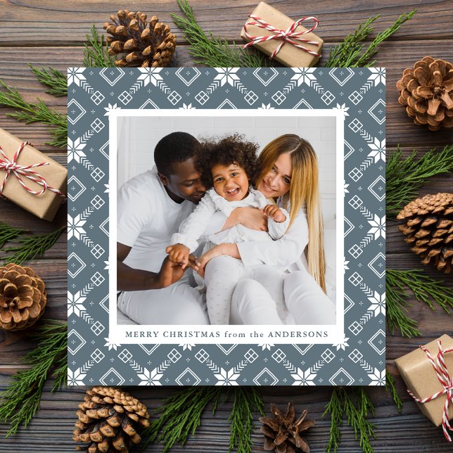 Slate Blue Nordic Snowflake Pattern Photo Holiday Card (Creator Uploaded)