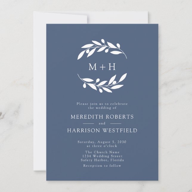 Slate Blue Olive Branch Monogram Wreath Wedding Invitation (Front)