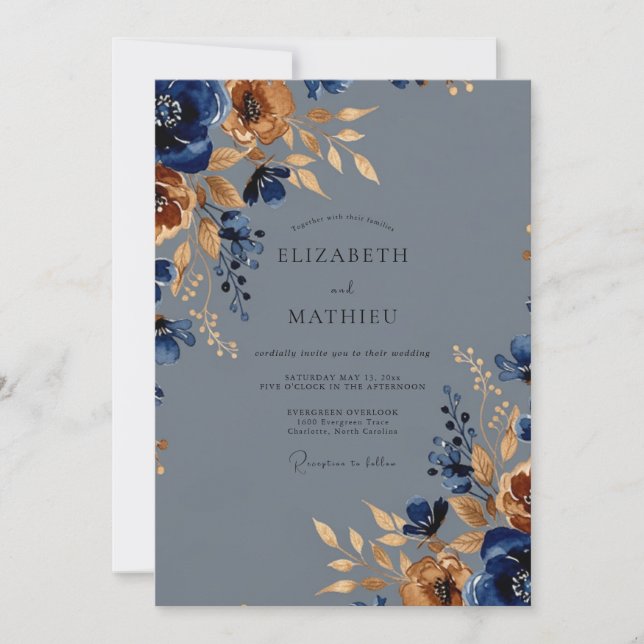 Slate Blue Opulent Autumnal Wedding Invitation (Front)