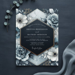 Slate Blue Opulent Bloom Wedding Invitation