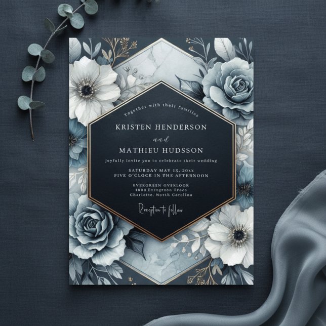 Slate Blue Opulent Bloom Wedding Invitation (Creator Uploaded)