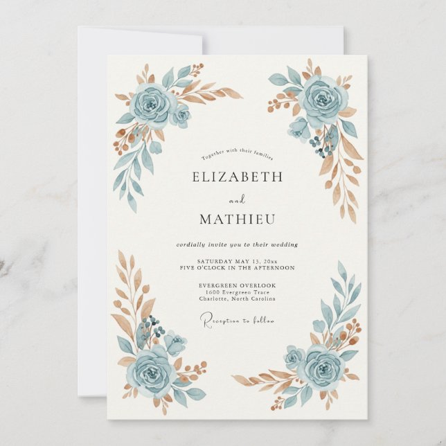 Slate Blue Ornate Rose Wedding Invitation (Front)