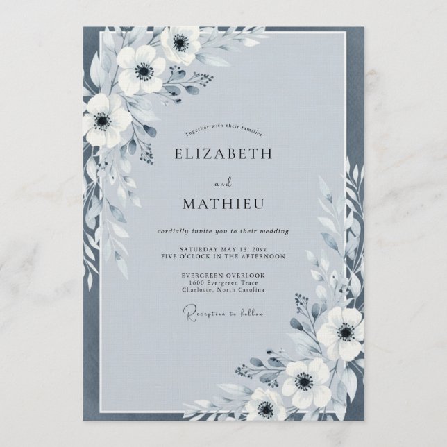 Slate Blue Painterly Anemone Wedding Invitation (Front)