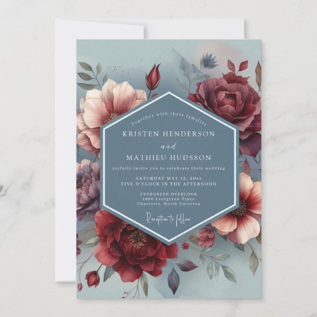 Slate Blue Painterly Bloom Wedding Invitation (Front)