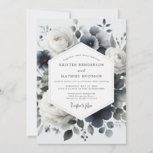 Slate Blue Painterly Flora Wedding Invitation