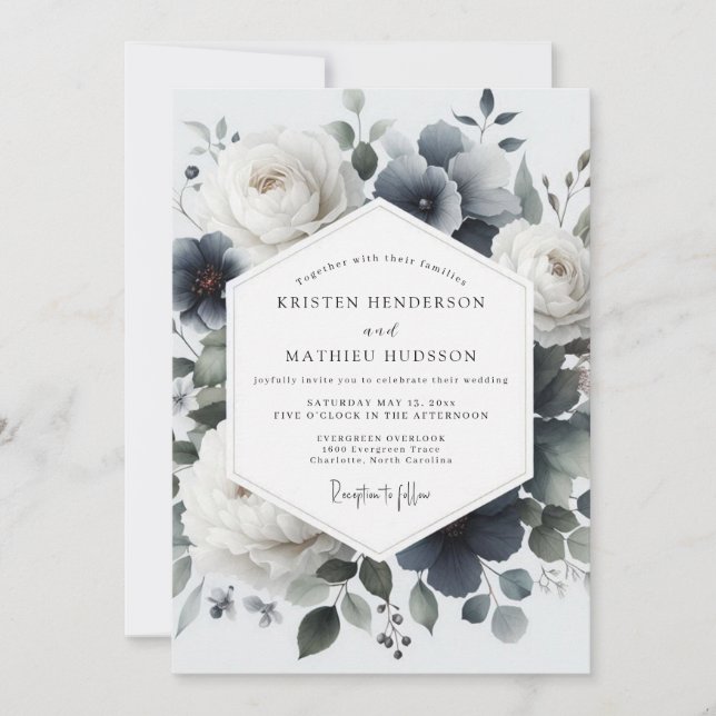 Slate Blue Painterly Flora Wedding Invitation (Front)