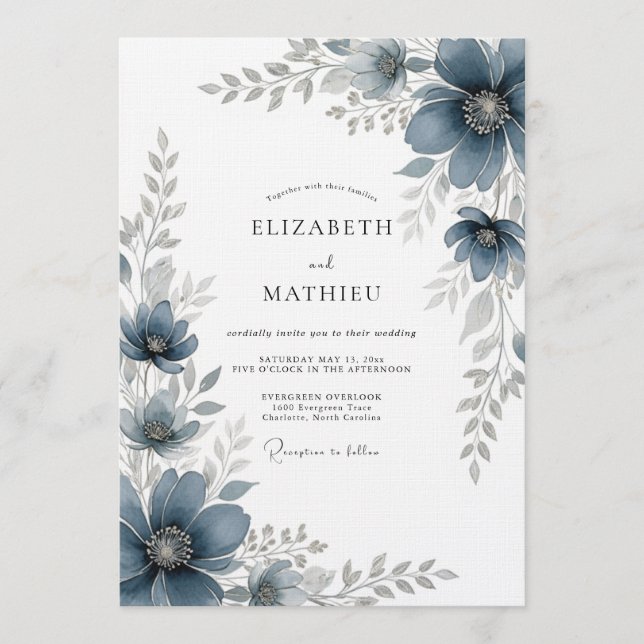 Slate Blue Painterly Romance Wedding Invitation (Front)
