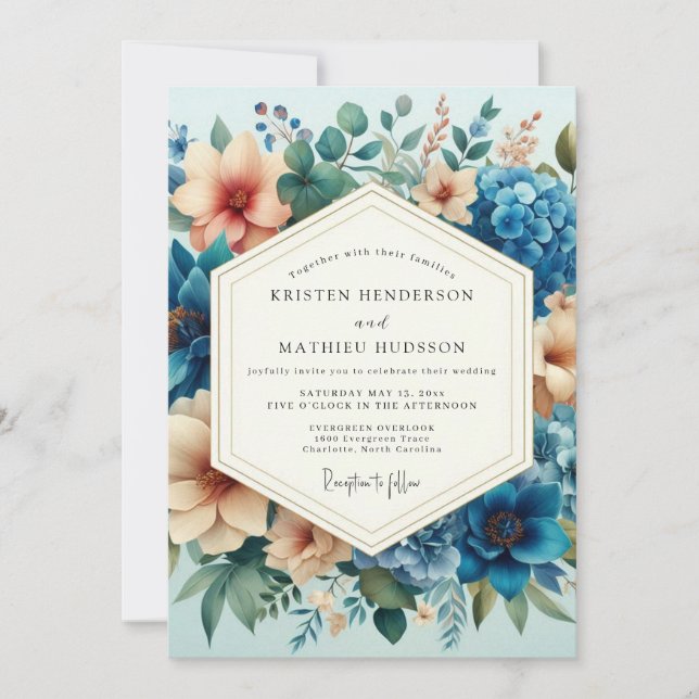 Slate Blue Peach Artful Bloom Wedding Invitation (Front)