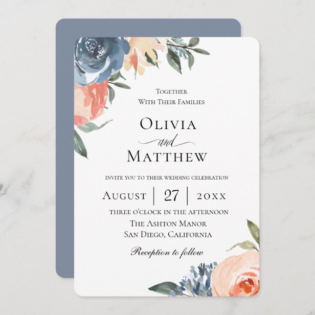 Slate Blue Peach Botanical Wedding Invitation (Front/Back)