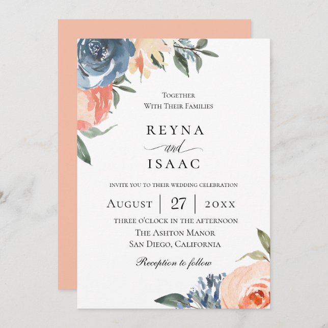 Slate Blue Peach Botanical Wedding Invitation (Front/Back)
