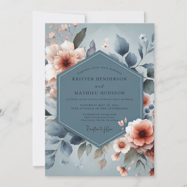 Slate Blue Peach Dreamy Wedding Invitation (Front)