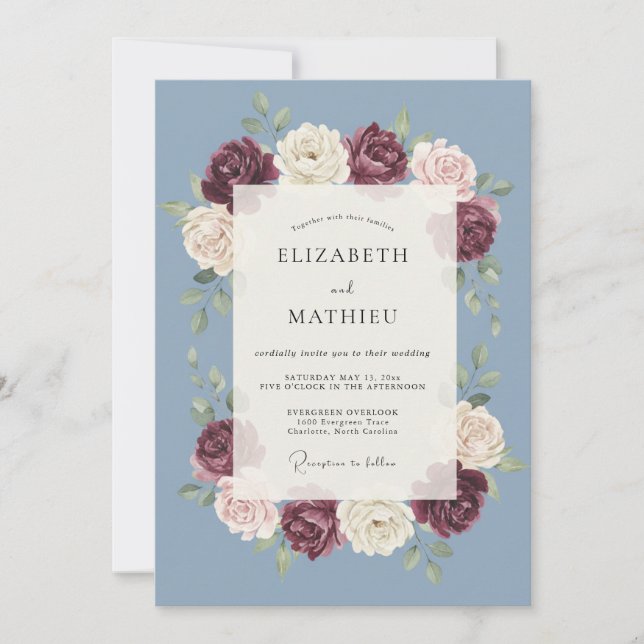 Slate Blue Petal Embrace Wedding Invitation (Front)