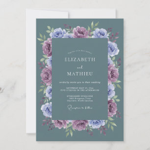 Slate Blue Purple Floral Watercolor Wedding Invitation